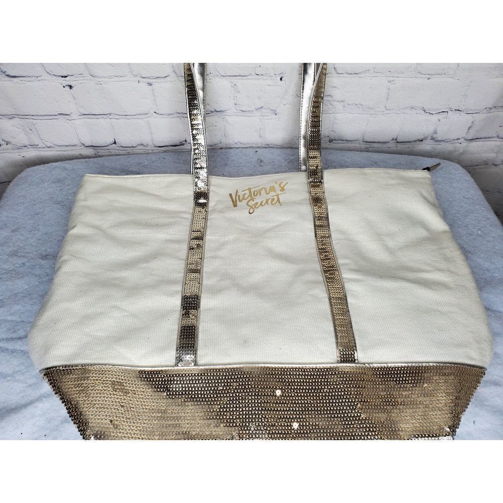 𝅺victorias Secret Womens Holiday Tote Bag 18x13 Cream Gold Sparkle